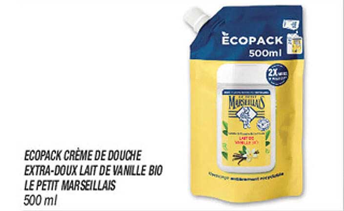 ECOPACK CRÈME DE DOUCHE EXTRA-DOUX LAIT DE VANILLE BIO LE PETIT MARSEILLAIS 500 ml
