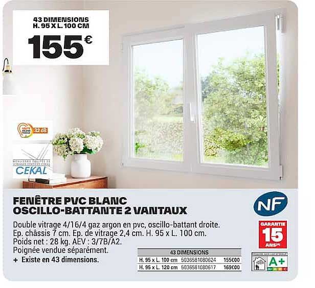 FENÊTRE PVC BLANC OSCILLO-BATTANTE 2 VANTAUX
