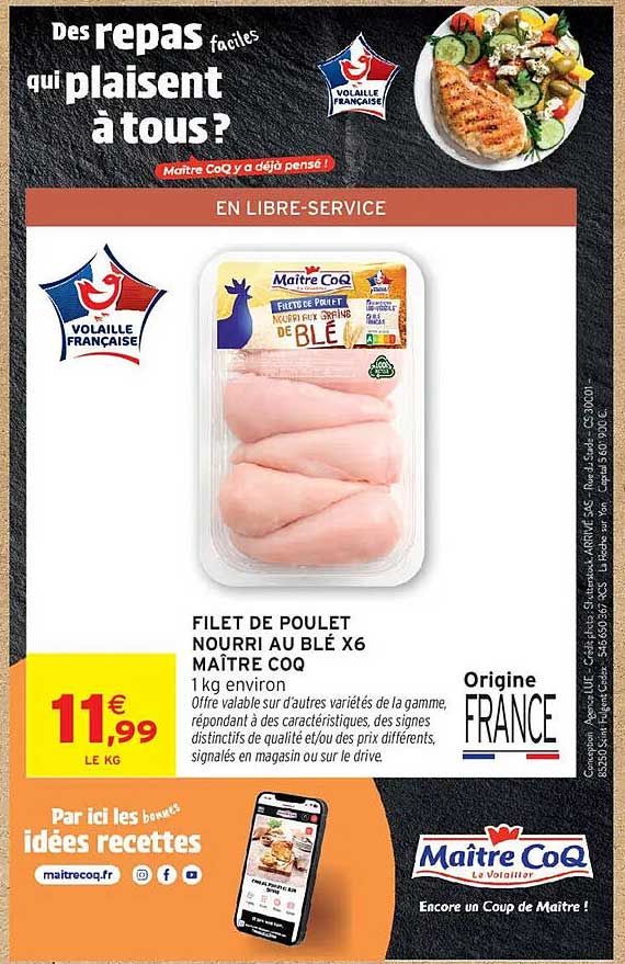 FILET DE POULET NOURRI AU BLÉ X6 MAÎTRE COQ
