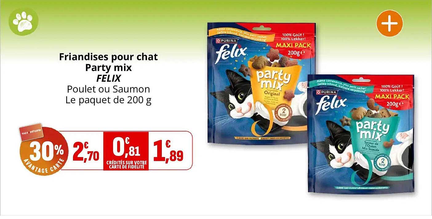 Friandises pour chat Party mix FELIX Poulet ou Saumon Le paquet de 200 g