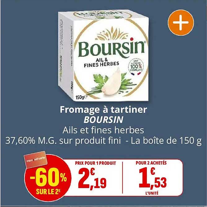 Fromage à tartiner BOURSIN Ails et fines herbes 37,60% M.G. sur produit fini - La boîte de 150 g