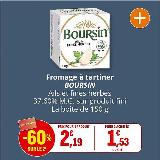Fromage à tartiner BOURSIN Ails et fines herbes 37,60% M.G. sur produit fini La boîte de 150 g