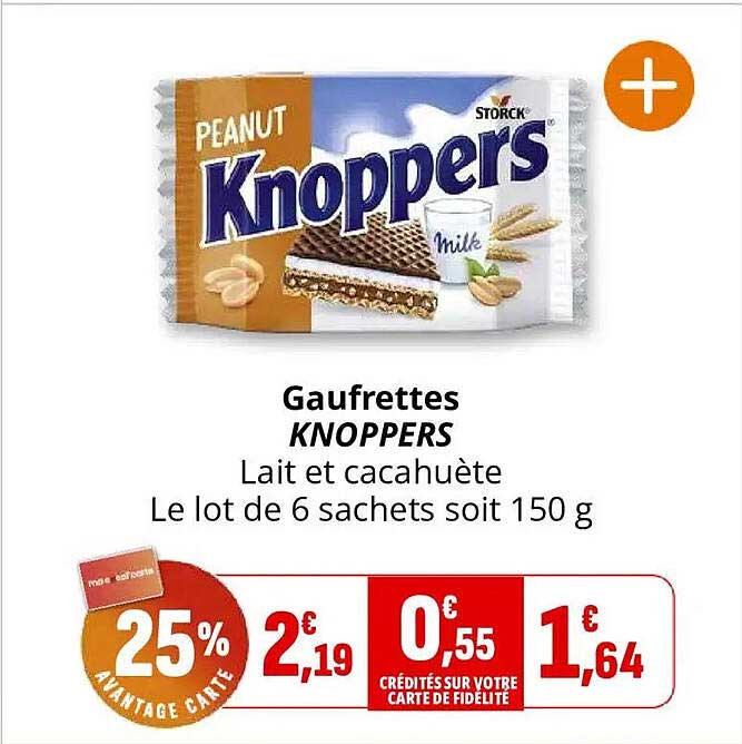 Gaufrettes KNOPPERS Lait et cacahuète Le lot de 6 sachets soit 150 g