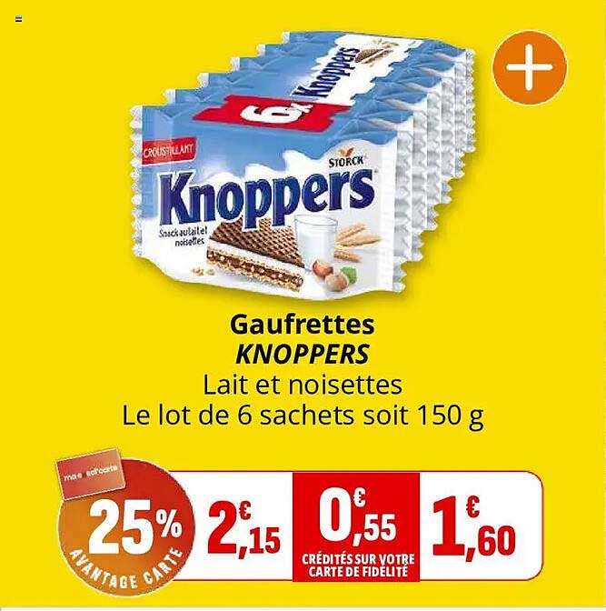 Gaufrettes KNOPPERS Lait et noisettes Le lot de 6 sachets soit 150 g