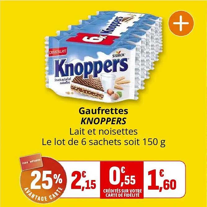 Gaufrettes KNOPPERS Lait et noisettes Le lot de 6 sachets soit 150 g