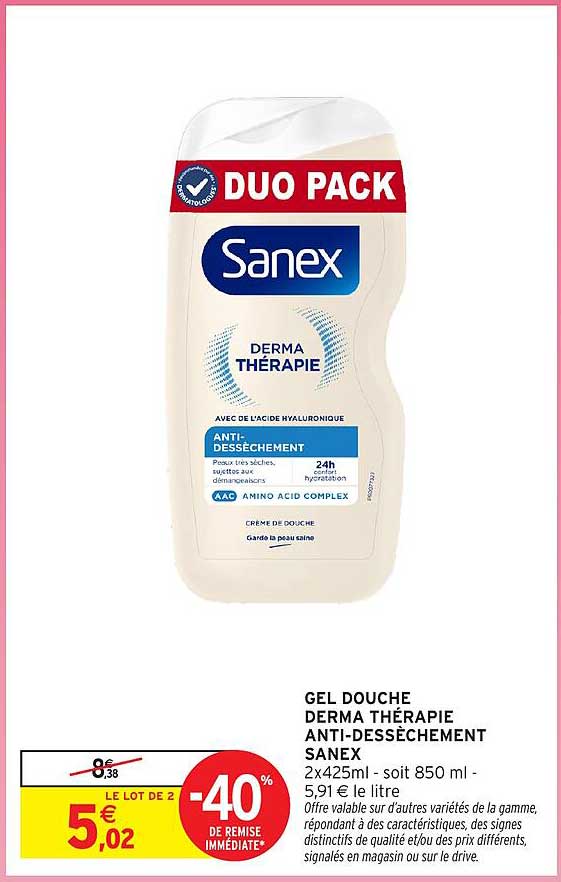 GEL DOUCHE DERMA THÉRAPIE ANTI-DESSÈCHEMENT SANEX 2x425 ml - soit 850 ml