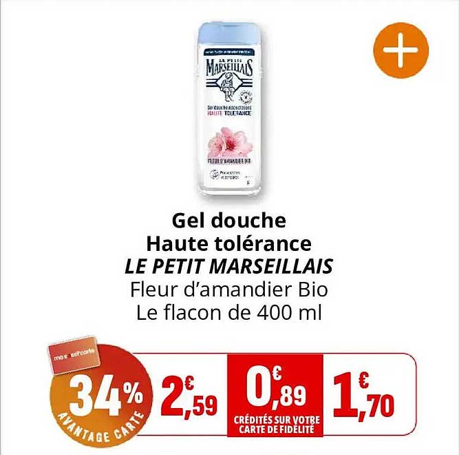 Gel douche Haute tolérance LE PETIT MARSEILLAIS Fleur d’amandier Bio Le flacon de 400 ml