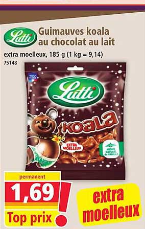 Guimauves koala au chocolat au lait extra moelleux, 185 g (1 kg = 9,14)