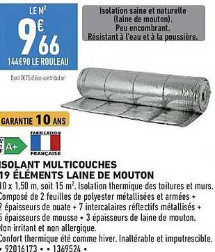 ISOLANT MULTICOUCHES 19 ÉLÉMENTS LAINE DE MOUTON