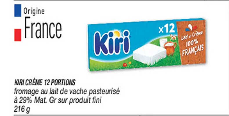 KIRI CRÈME 12 PORTIONS fromage au lait de vache pasteurisé à 29% Mat. Gr sur produit fini 216g