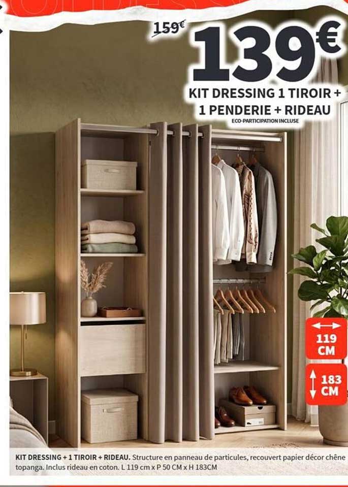KIT DRESSING 1 TIROIR + 1 PENDERIE + RIDEAU