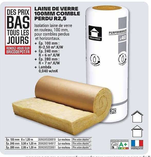 LAINE DE VERRE 100MM COMBLES PERDUS R2,5