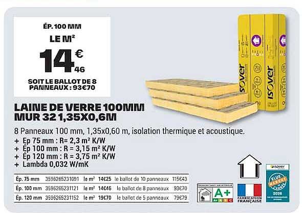 LAINE DE VERRE 100MM MUR 32, 1,35X0,6M