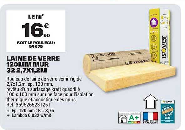 LAINE DE VERRE 120MM MUR 32,7X1,2M