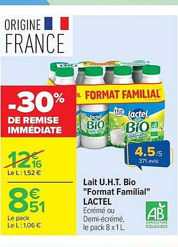 Lait U.H.T. Bio "Format Familial" LACTEL