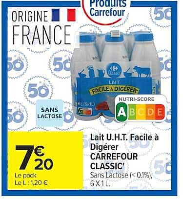 Lait U.H.T. Facile à Digérer CARREFOUR CLASSIC'