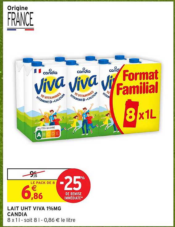 LAIT UHT VIVA 1%MG CANDIA 8 x 1 l - soit 8 l - 0,86 € le litre