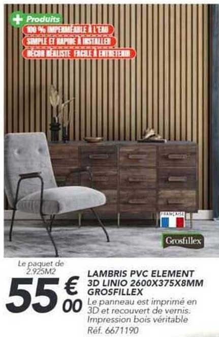 LAMBRIS PVC ELEMENT 3D LINIO 2600X375X8MM GROSFILLEX