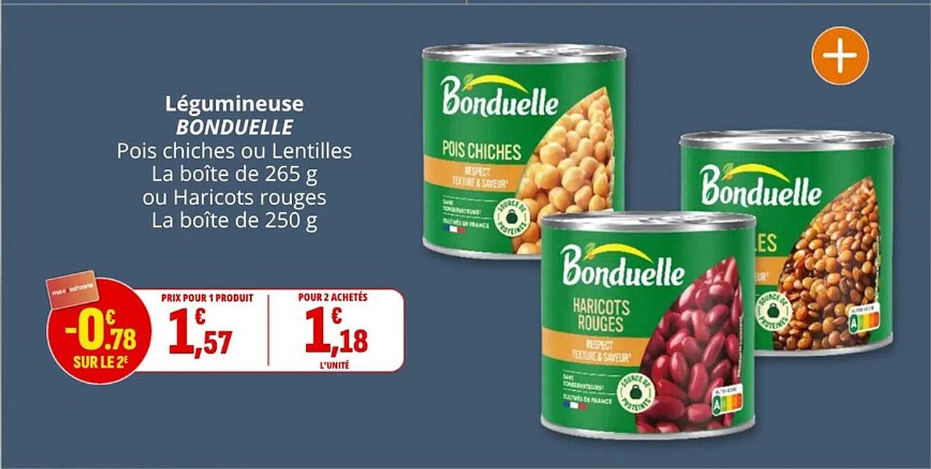 Légumineuse BONDUELLE Pois chiches ou Lentilles La boîte de 265 g ou Haricots rouges La boîte de 250 g