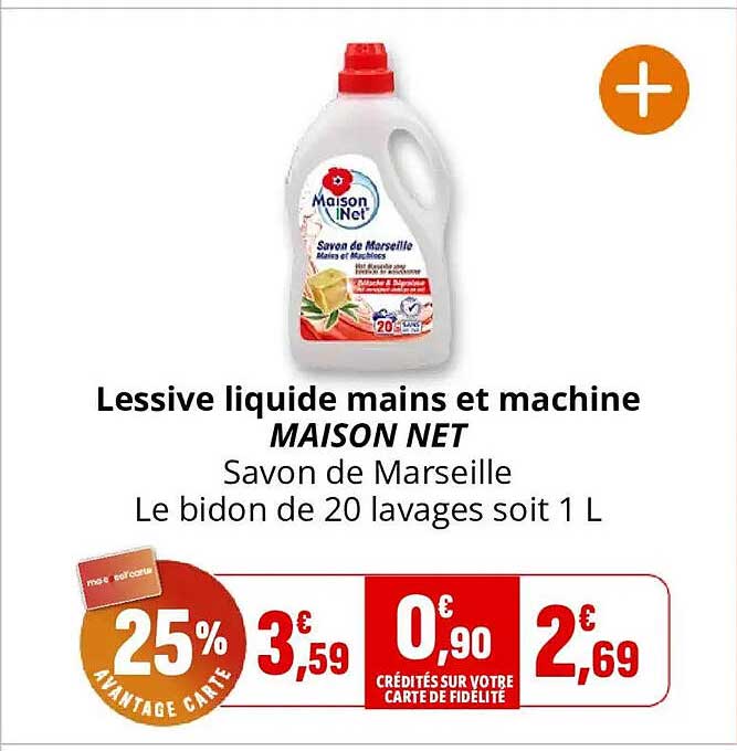 Lessive liquide mains et machine MAISON NET Savon de Marseille Le bidon de 20 lavages soit 1 L