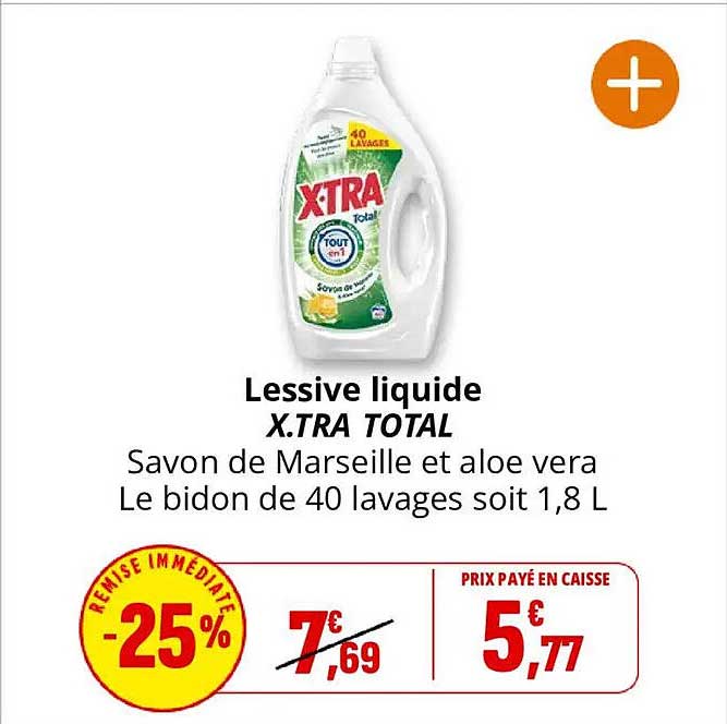 Lessive liquide X.TRA TOTAL Savon de Marseille et aloe vera Le bidon de 40 lavages soit 1,8 L