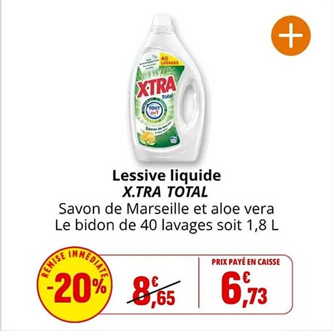Lessive liquide X.TRA TOTAL Savon de Marseille et aloe vera Le bidon de 40 lavages soit 1,8 L