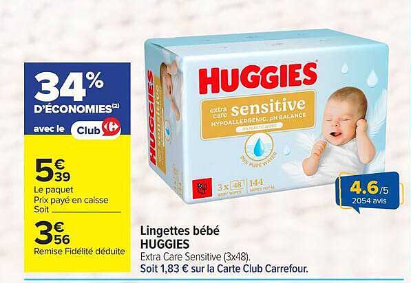 Lingettes bébé HUGGIES Extra Care Sensitive (3x48). Soit 1,83 € sur la Carte Club Carrefour.
