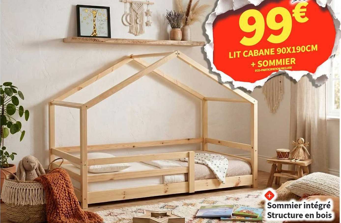 LIT CABANE 90X190CM + SOMMIER