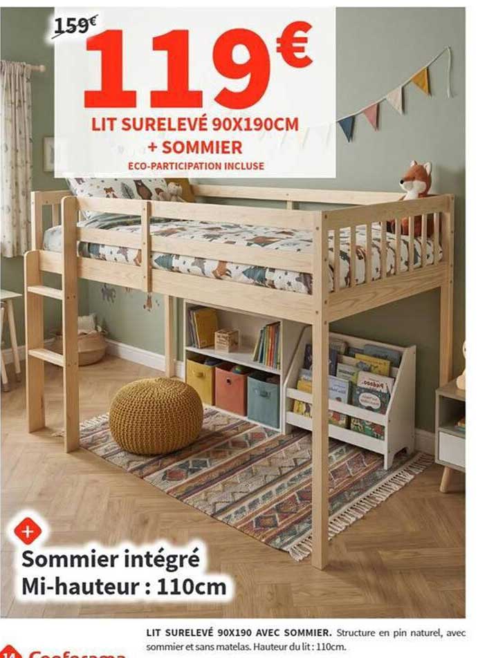 LIT SURELEVÉ 90X190CM + SOMMIER
