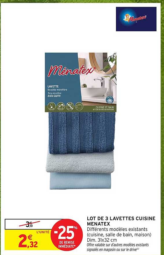 LOT DE 3 LAVETTES CUISINE MENATEX
