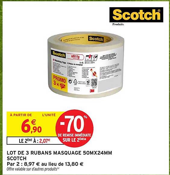 LOT DE 3 RUBANS MASQUAGE 50MX24MM SCOTCH