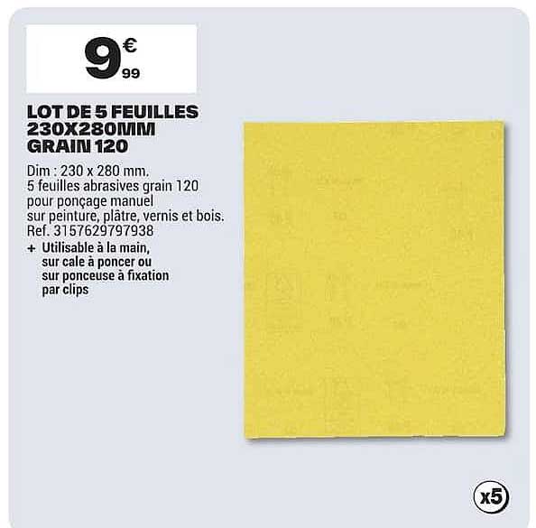 LOT DE 5 FEUILLES 230X280MM GRAIN 120