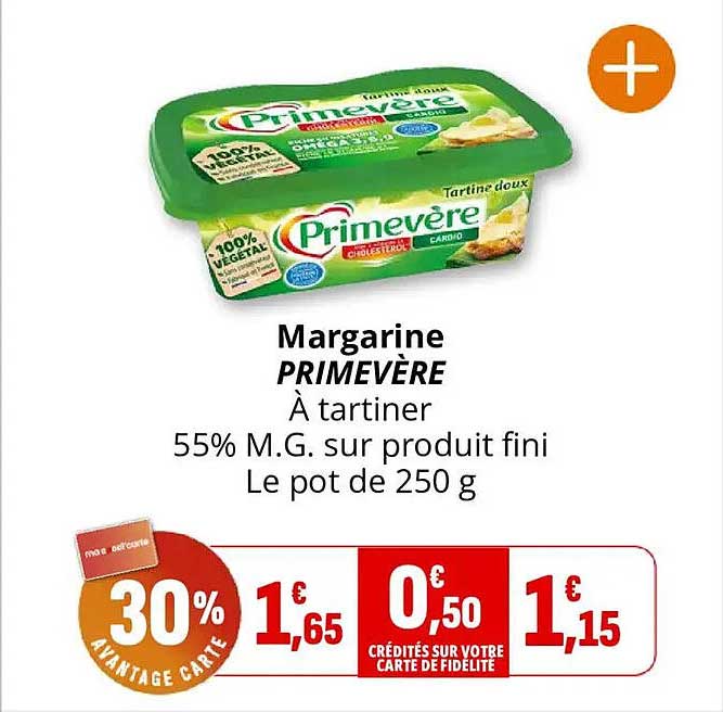 Margarine PRIMEVÈRE À tartiner 55% M.G. sur produit fini Le pot de 250 g