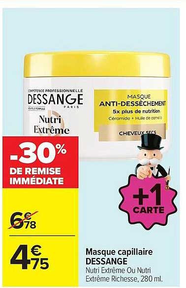 Masque capillaire DESSANGE Nutri Extrême Ou Nutri Extrême Richesse, 280 ml.