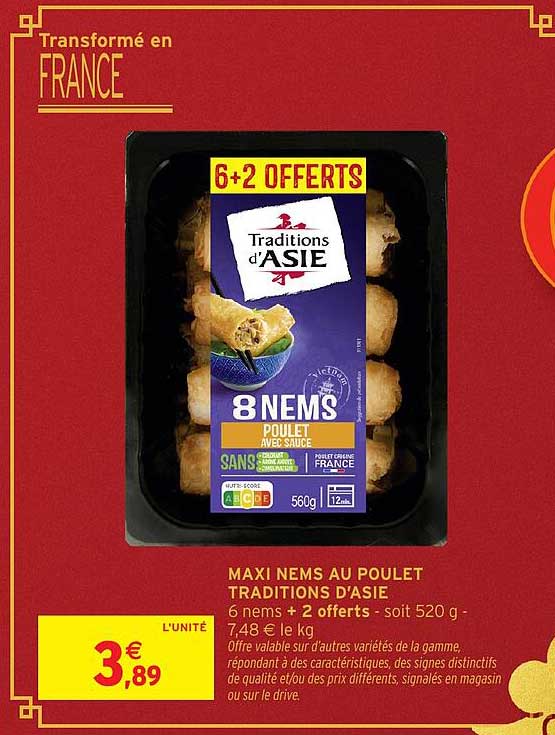 MAXI NEMS AU POULET TRADITIONS D’ASIE 6 nems + 2 offerts - soit 520 g