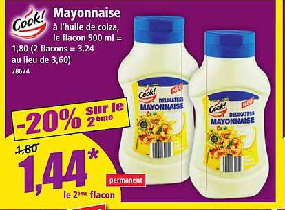 Mayonnaise à l'huile de colza, le flacon 500 ml = 1,80 (2 flacons = 3,24 au lieu de 3,60)