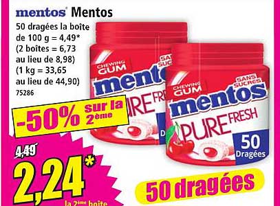 Mentos 50 dragées la boîte de 100 g