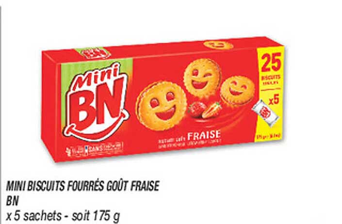 MINI BISCUITS FOURRÉS GOÛT FRAISE BN x 5 sachets - soit 175 g
