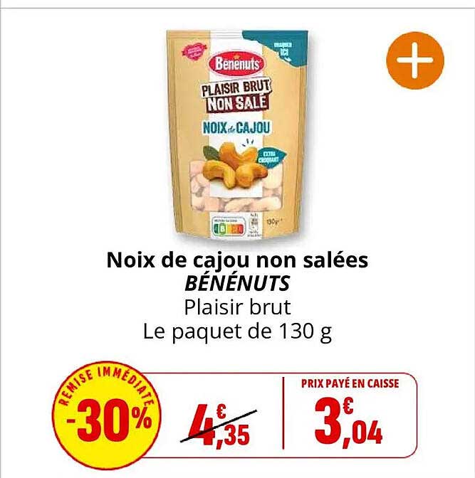 Noix de cajou non salées BÉNÉNUTS Plaisir brut Le paquet de 130 g