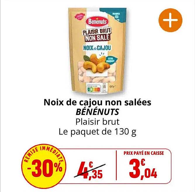 Noix de cajou non salées BÉNÉNUTS Plaisir brut Le paquet de 130 g