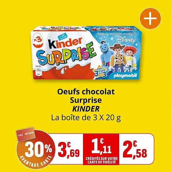 Oeufs chocolat Surprise KINDER La boîte de 3 X 20 g