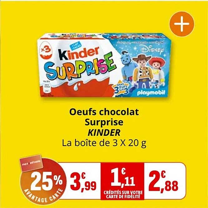 Oeufs chocolat Surprise KINDER La boîte de 3 X 20 g