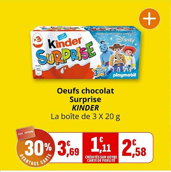 Oeufs chocolat Surprise KINDER La boîte de 3 X 20 g