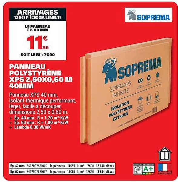 Panneau polystyrène XPS 2,50x0,60 m 40mm