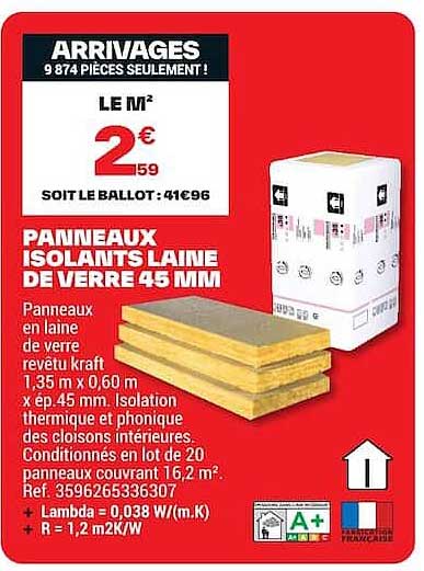 PANNEAUX ISOLANTS LAINE DE VERRE 45 MM