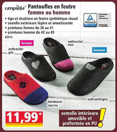 Pantoufles en feutre femme ou homme