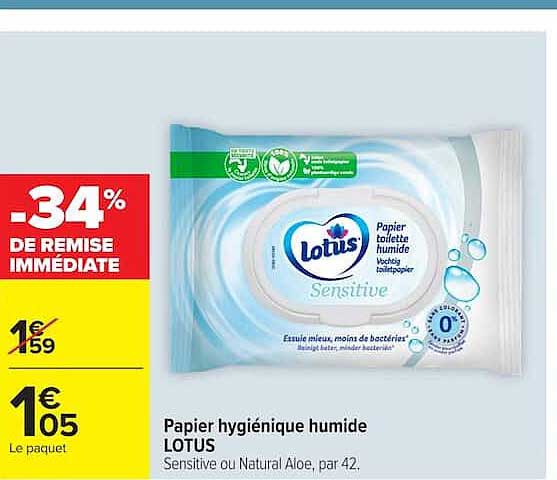 Papier hygiénique humide LOTUS Sensitive ou Natural Aloe, par 42