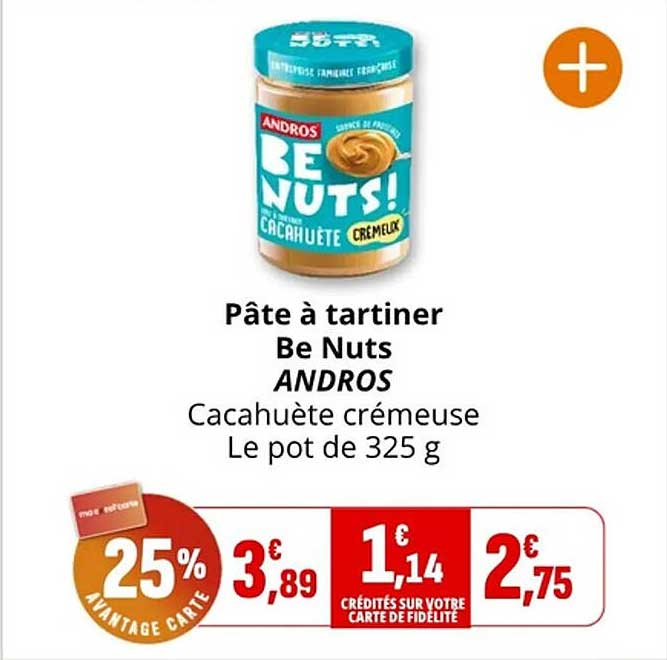 Pâte à tartiner Be Nuts ANDROS Cacahuète crémeuse Le pot de 325 g