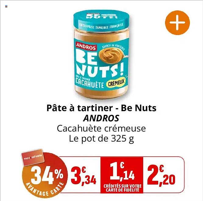 Pâte à tartiner - Be Nuts ANDROS Cacahuète crémeuse Le pot de 325 g