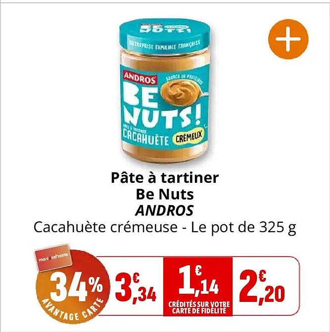 Pâte à tartiner Be Nuts ANDROS Cacahuète crémeuse - Le pot de 325 g